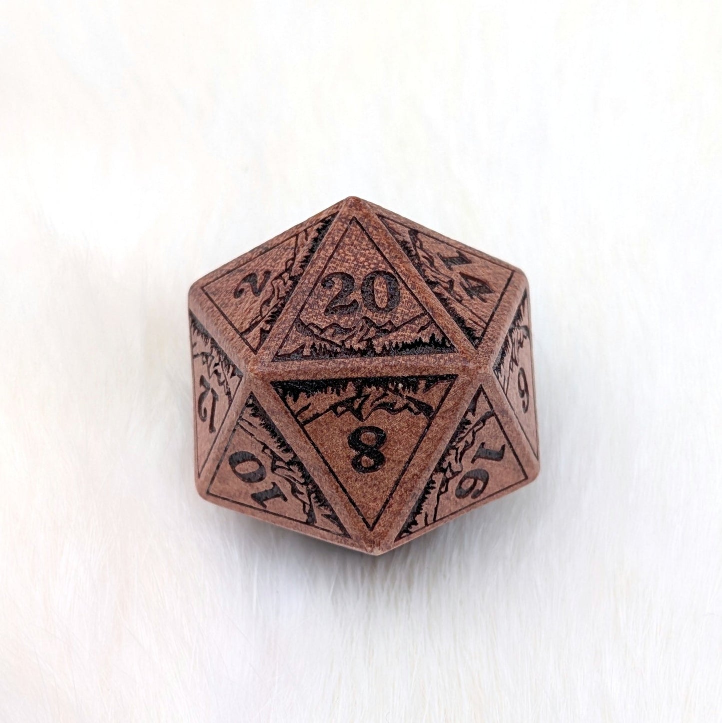 Everwild D20 – Large 1.25" Wooden Die with Mountains and Forest Engravings Dice sets Fennek and Finch