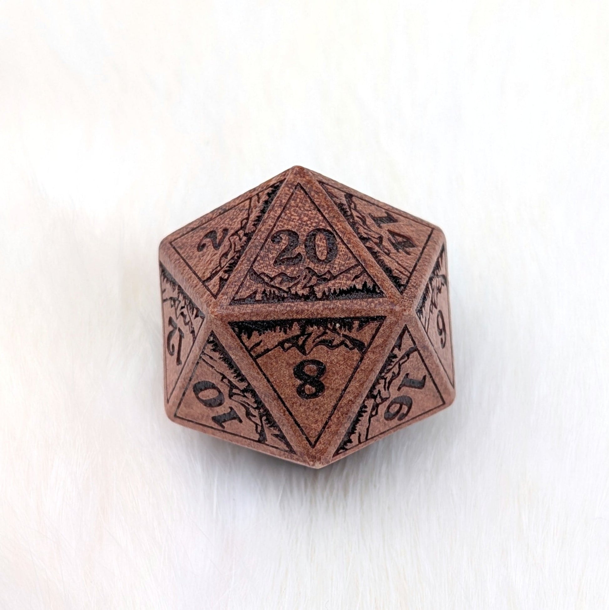 Everwild D20 – Large 1.25" Wooden Die with Mountains and Forest Engravings Dice sets Fennek and Finch