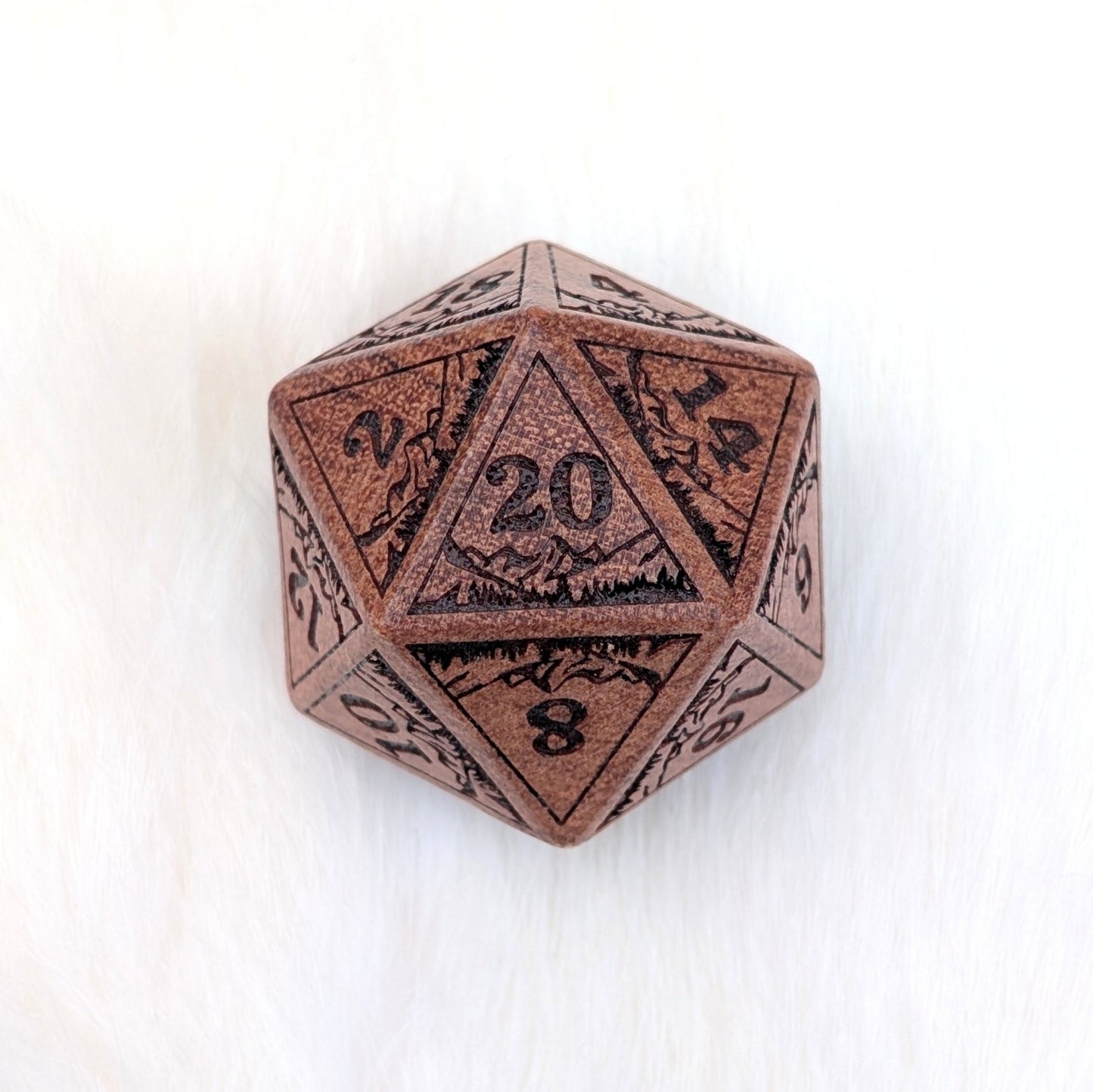 Everwild D20 – Large 1.25" Wooden Die with Mountains and Forest Engravings Dice sets Fennek and Finch