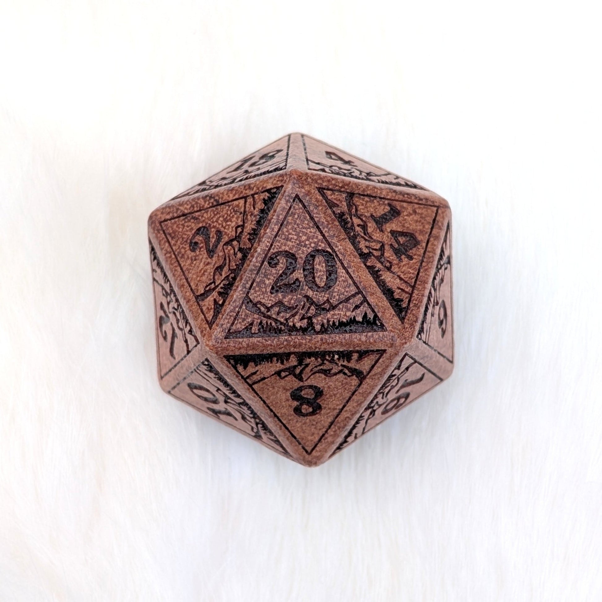 Everwild D20 – Large 1.25" Wooden Die with Mountains and Forest Engravings Dice sets Fennek and Finch