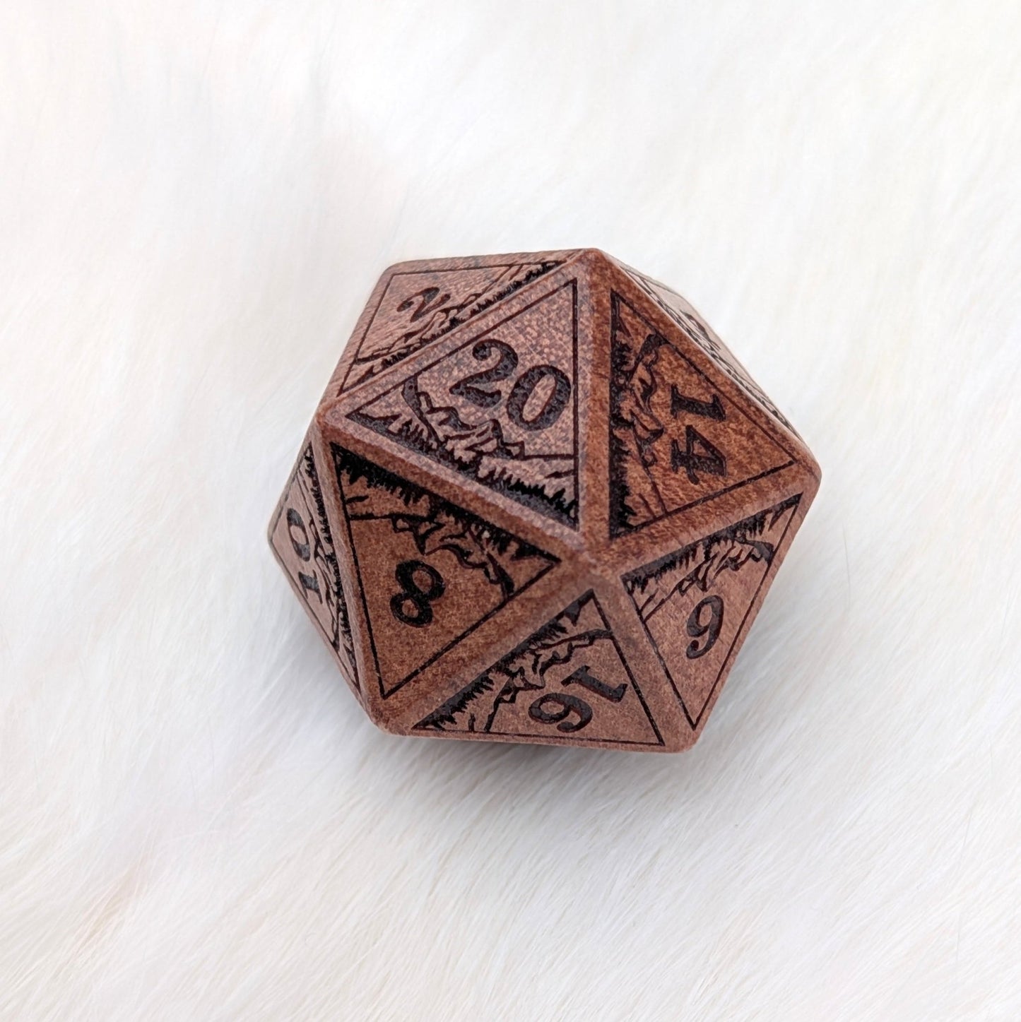 Everwild D20 – Large 1.25" Wooden Die with Mountains and Forest Engravings Dice sets Fennek and Finch