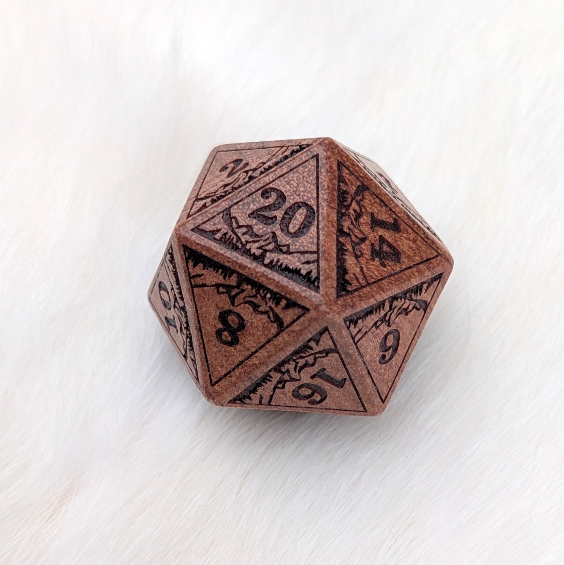 Everwild D20 – Large 1.25" Wooden Die with Mountains and Forest Engravings Dice sets Fennek and Finch