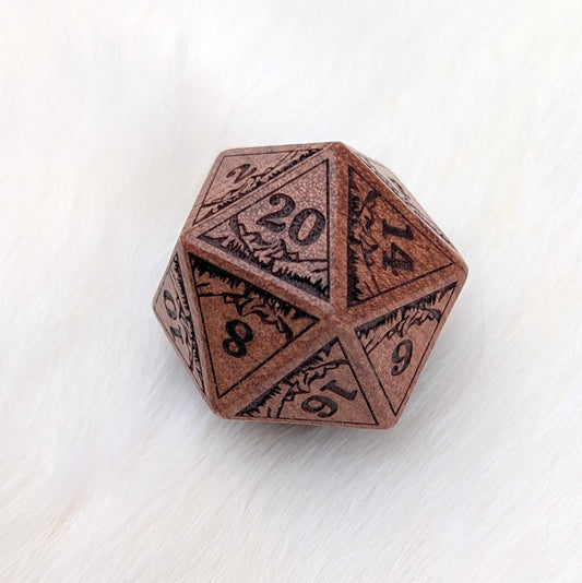 Everwild D20 – Large 1.25" Wooden Die with Mountains and Forest Engravings - Fennek and Finch