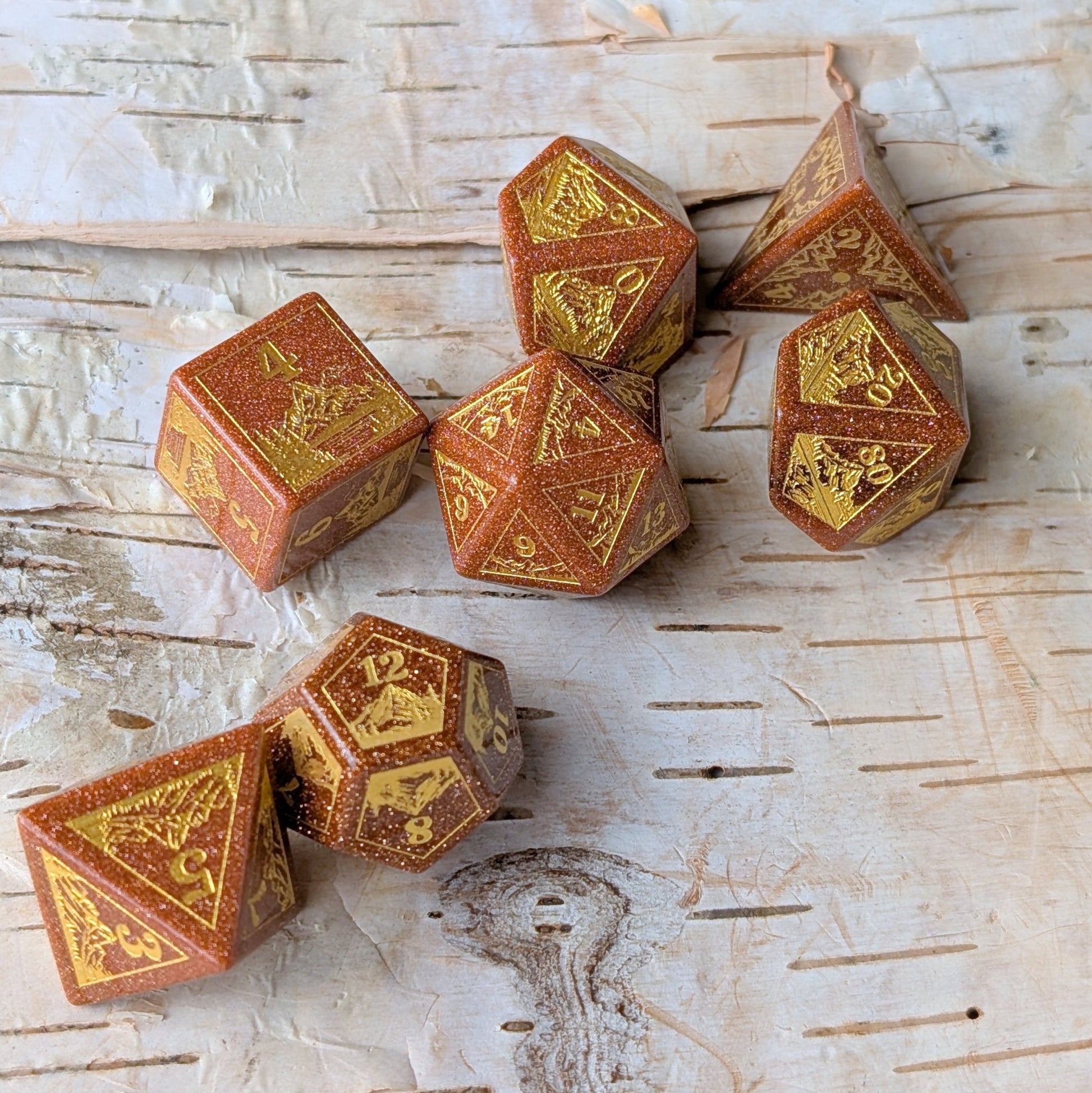 Everwild Goldstone Gemstone Dice – Forest & Mountain Etched 7 - Piece Set | Fennek & Finch - Fennek and Finch