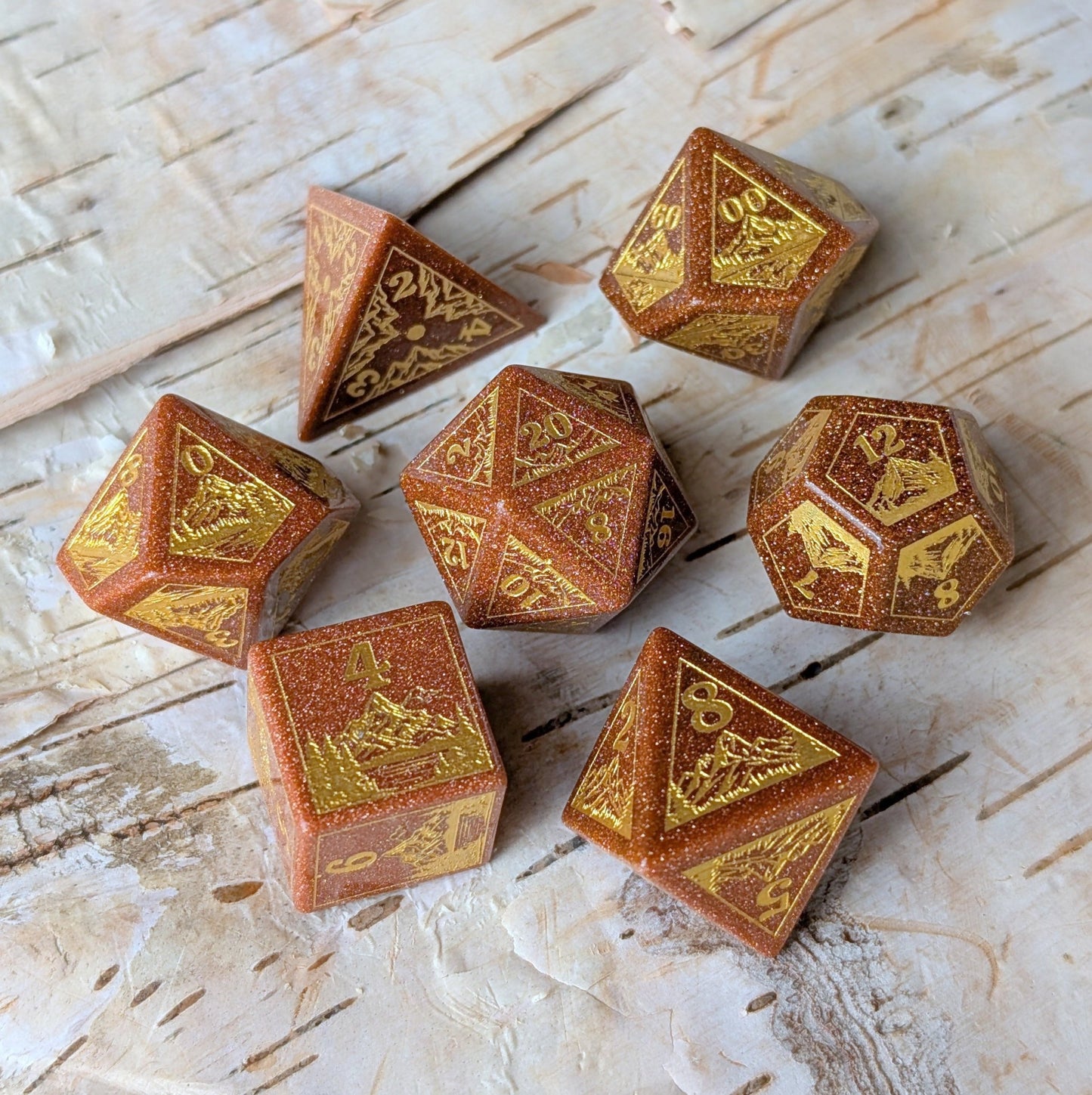 Everwild Goldstone Gemstone Dice – Forest & Mountain Etched 7 - Piece Set | Fennek & Finch - Fennek and Finch
