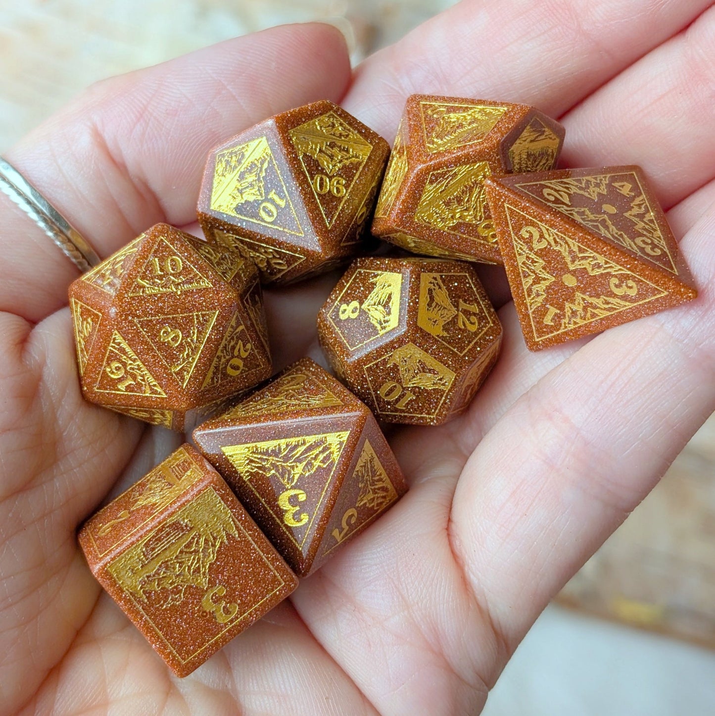 Everwild Goldstone Gemstone Dice – Forest & Mountain Etched 7 - Piece Set | Fennek & Finch - Fennek and Finch