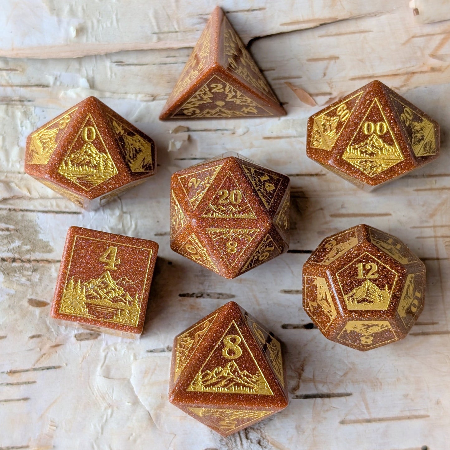 Everwild Goldstone Gemstone Dice – Forest & Mountain Etched 7 - Piece Set | Fennek & Finch - Fennek and Finch