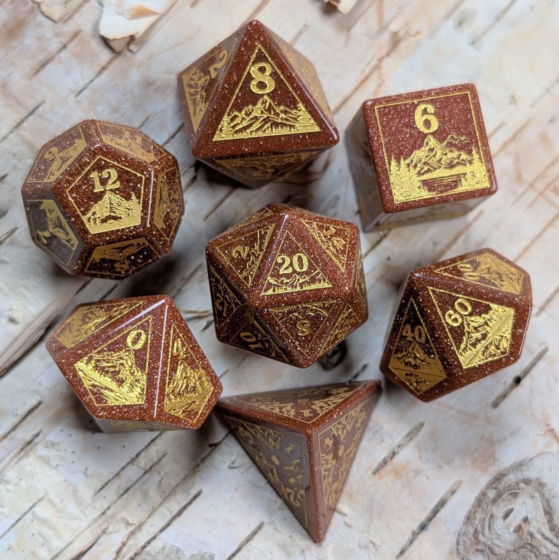 Everwild Goldstone Gemstone Dice – Forest & Mountain Etched 7 - Piece Set | Fennek & Finch - Fennek and Finch