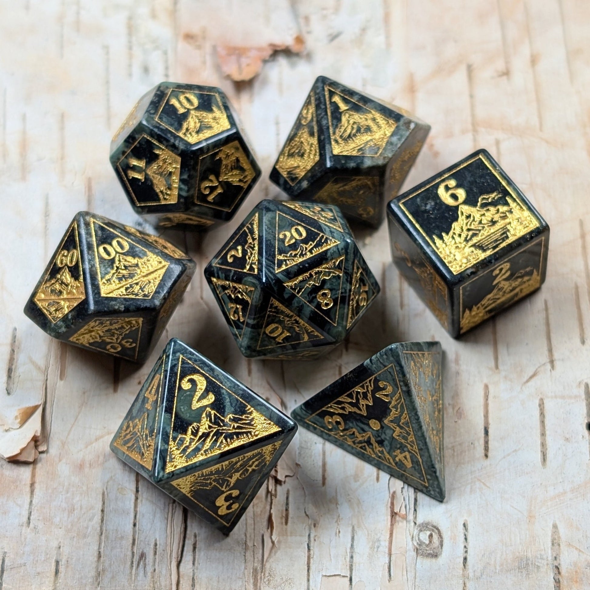 Everwild Green Jasper Gemstone Dice – Forest & Mountain Etched 7 - Piece Set | Fennek & Finch - Fennek and Finch