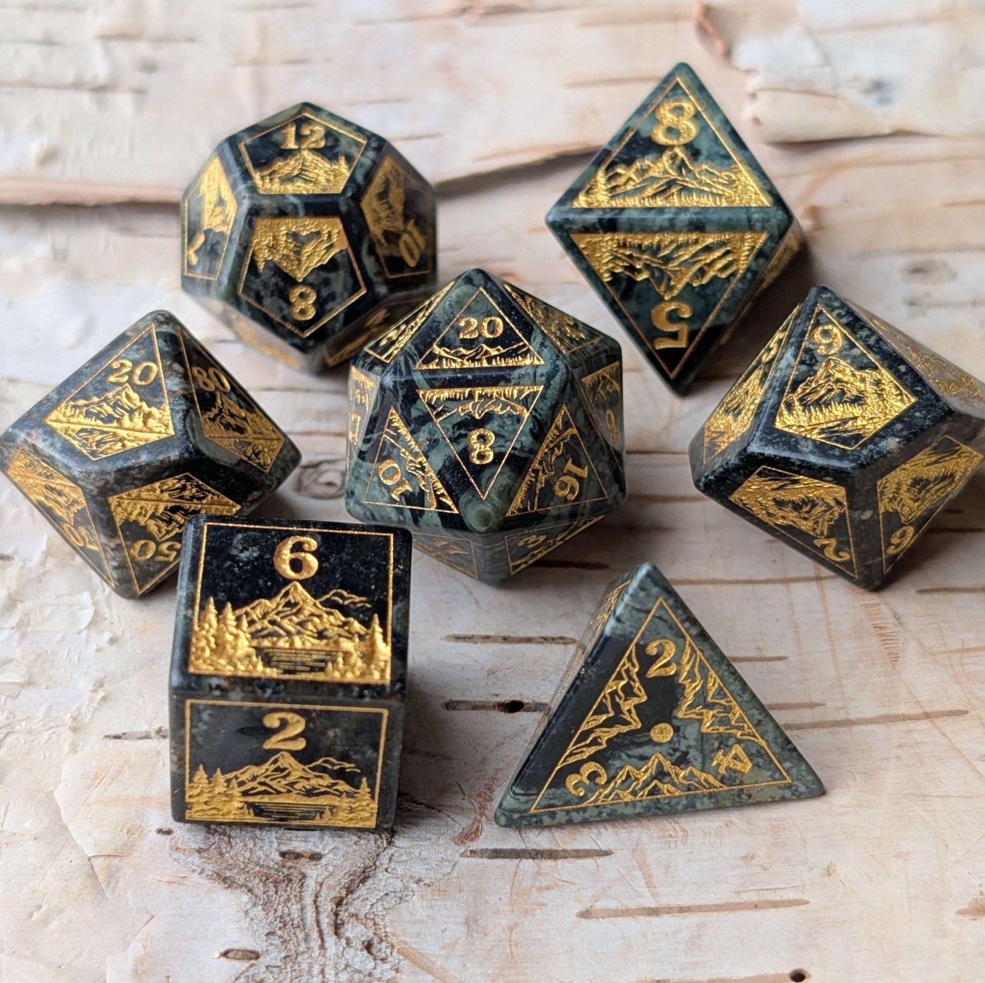 Everwild Green Jasper Gemstone Dice – Forest & Mountain Etched 7 - Piece Set | Fennek & Finch - Fennek and Finch