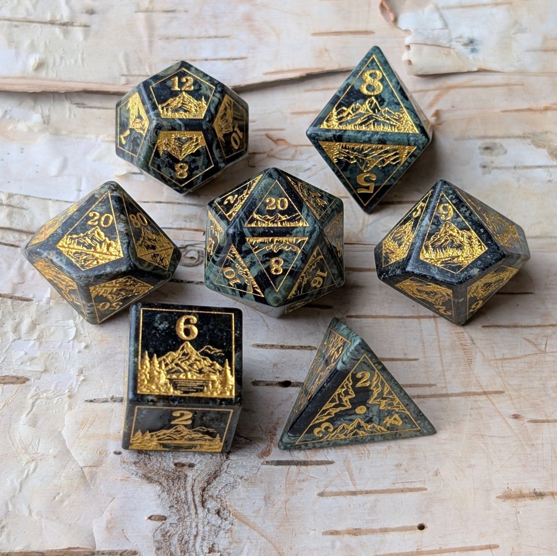 Everwild Green Jasper Gemstone Dice – Forest & Mountain Etched 7 - Piece Set | Fennek & Finch - Fennek and Finch