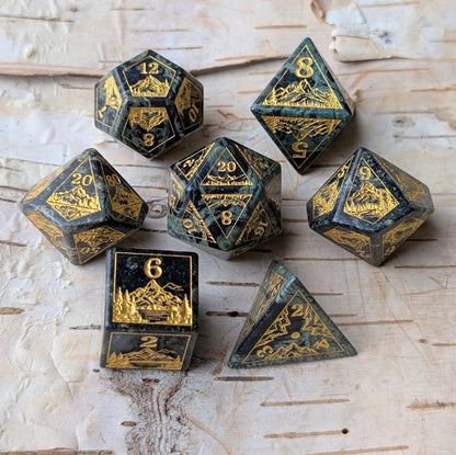 Everwild Green Jasper Gemstone Dice – Forest & Mountain Etched 7 - Piece Set | Fennek & Finch - Fennek and Finch