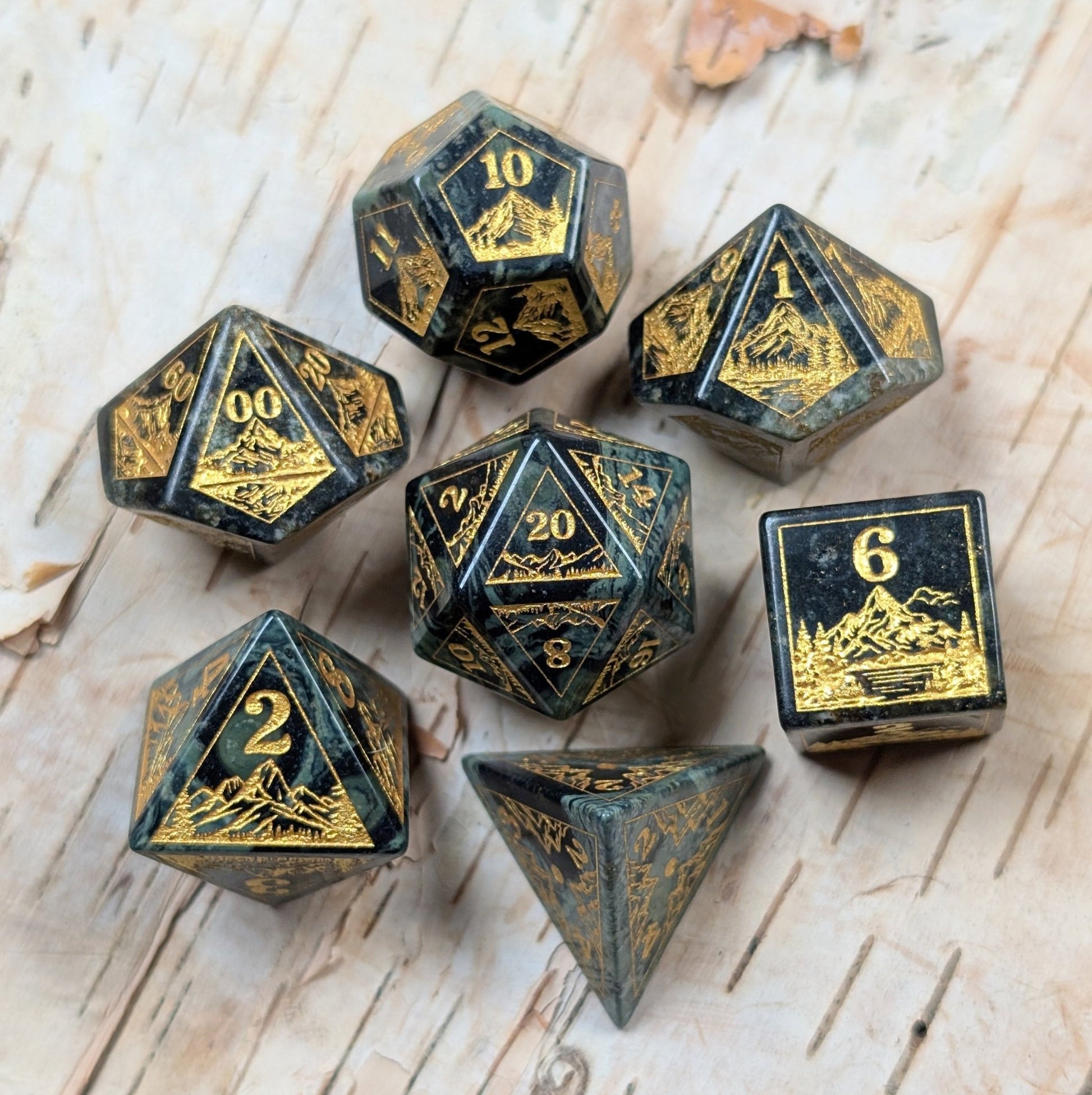 Everwild Green Jasper Gemstone Dice – Forest & Mountain Etched 7 - Piece Set | Fennek & Finch - Fennek and Finch