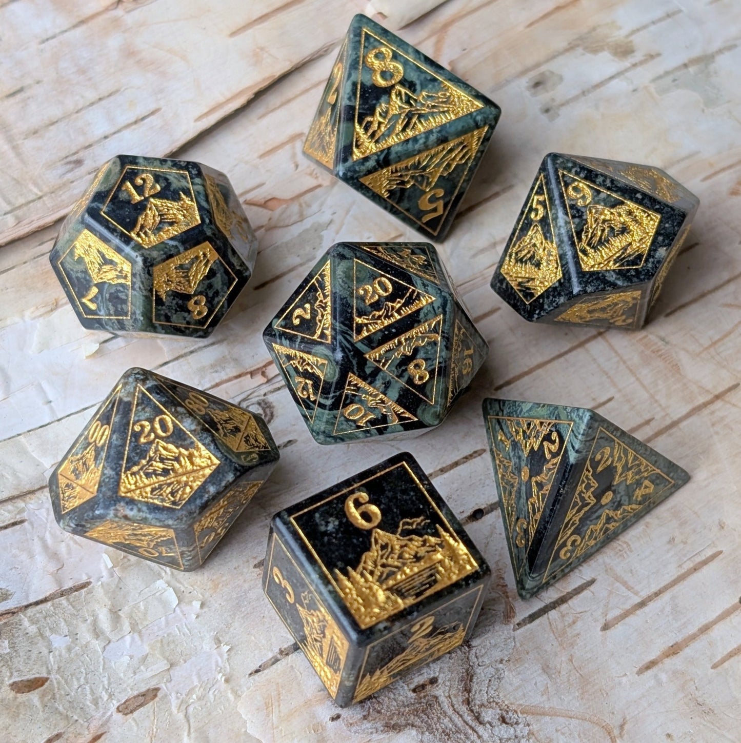 Everwild Green Jasper Gemstone Dice – Forest & Mountain Etched 7 - Piece Set | Fennek & Finch - Fennek and Finch