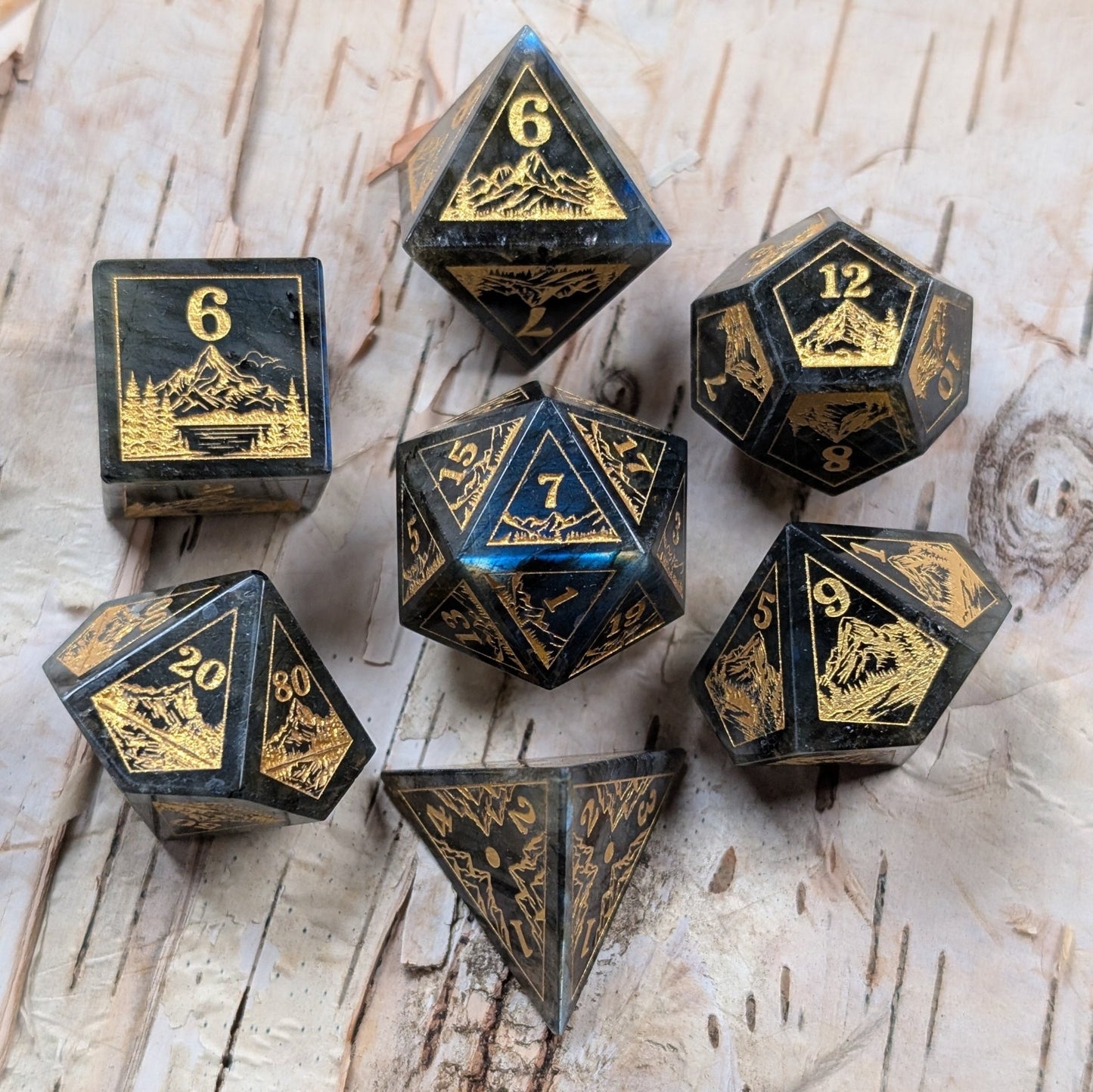 Everwild Labradorite Gemstone Dice – Forest & Mountain Etched 7 - Piece Set | Fennek & Finch - Fennek and Finch