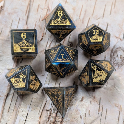 Everwild Labradorite Gemstone Dice – Forest & Mountain Etched 7 - Piece Set | Fennek & Finch - Fennek and Finch