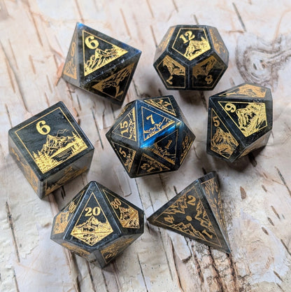Everwild Labradorite Gemstone Dice – Forest & Mountain Etched 7 - Piece Set | Fennek & Finch - Fennek and Finch