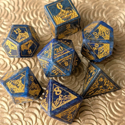 Everwild Lapis Lazuli Gemstone Dice – Forest & Mountain Etched 7 - Piece Set | Fennek & Finch - Fennek and Finch
