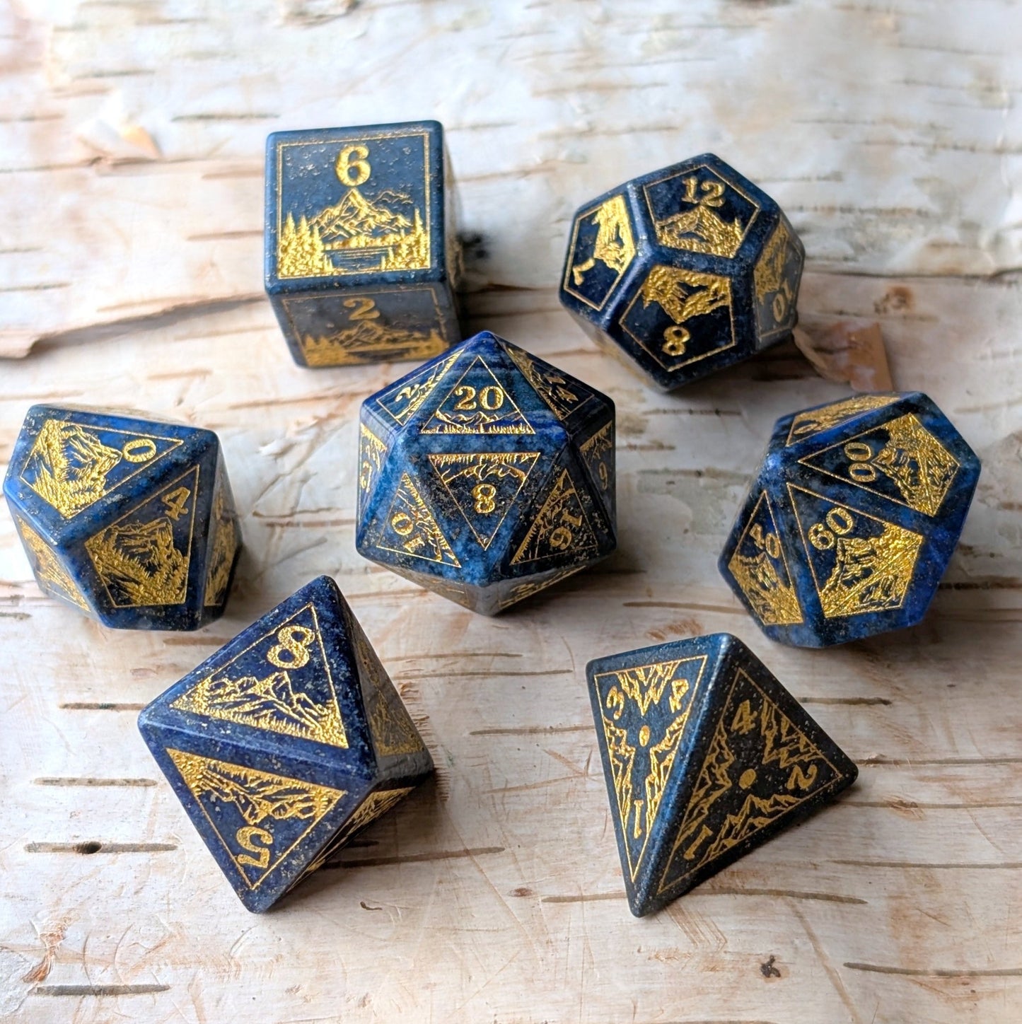 Everwild Lapis Lazuli Gemstone Dice – Forest & Mountain Etched 7 - Piece Set | Fennek & Finch - Fennek and Finch