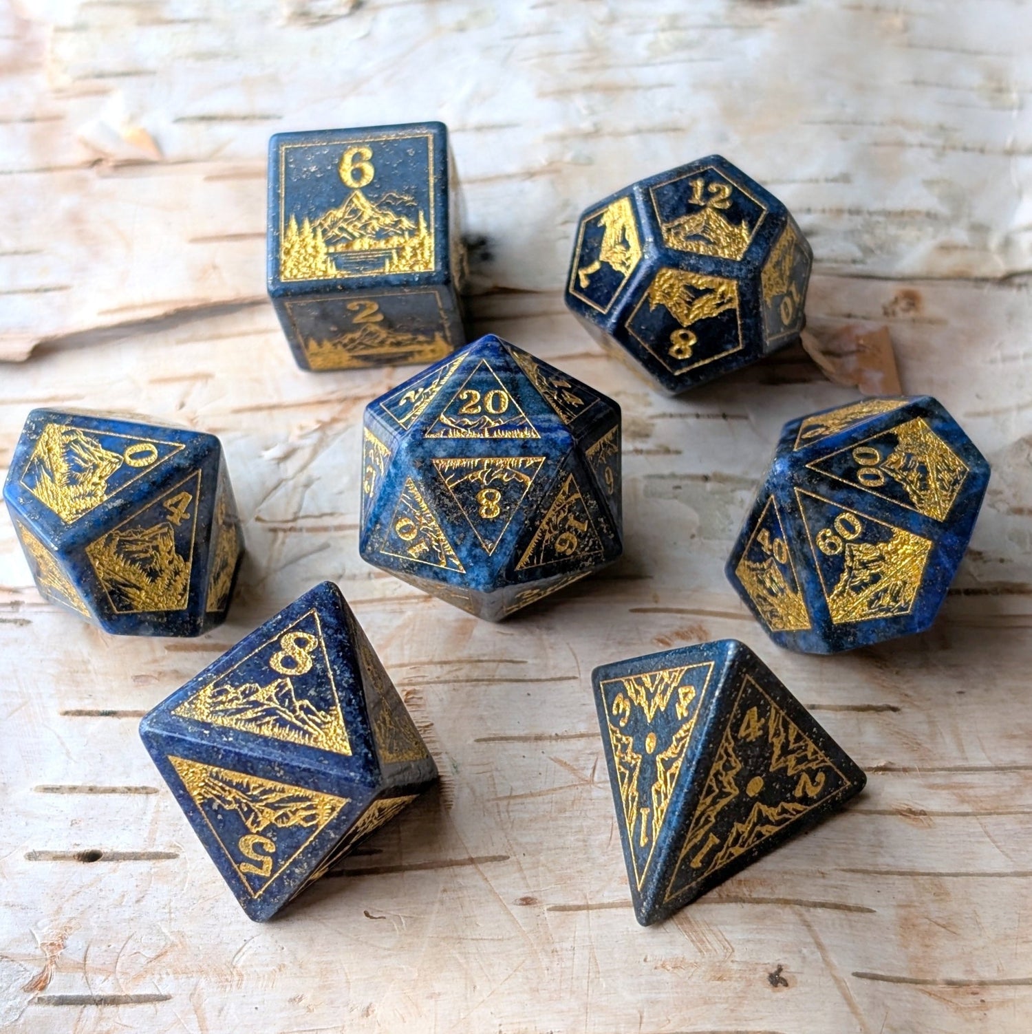 Everwild Lapis Lazuli Gemstone Dice – Forest & Mountain Etched 7 - Piece Set | Fennek & Finch - Fennek and Finch