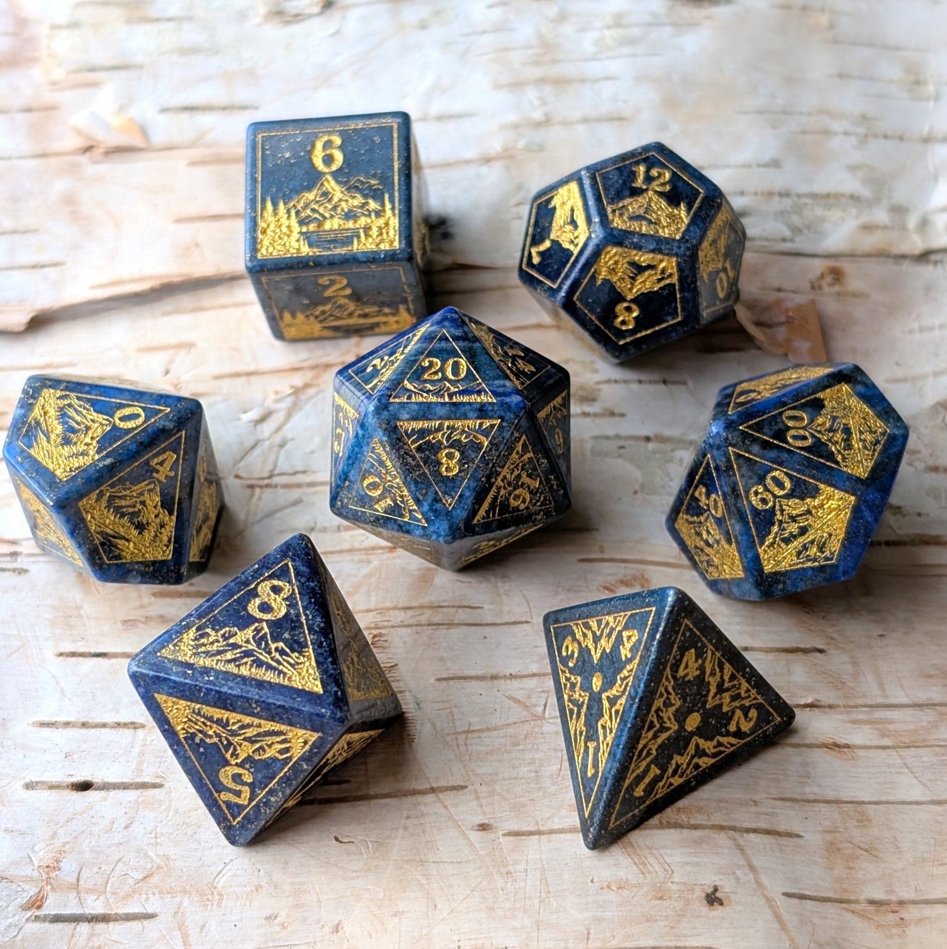 Everwild Lapis Lazuli Gemstone Dice – Forest & Mountain Etched 7 - Piece Set | Fennek & Finch - Fennek and Finch