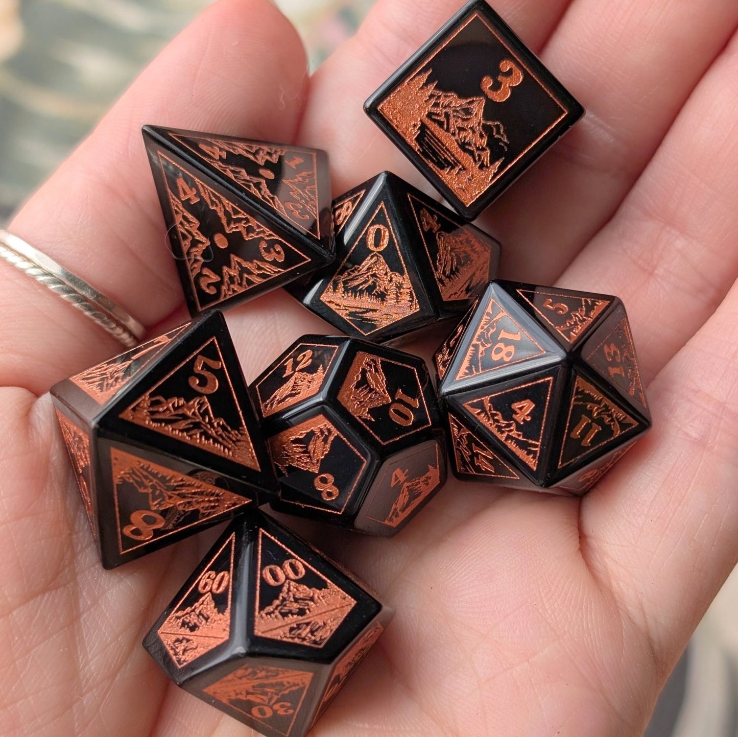 Everwild Obsidian Glass Dice – Forest & Mountain Etched 7 - Piece Set | Fennek & Finch - Fennek and Finch