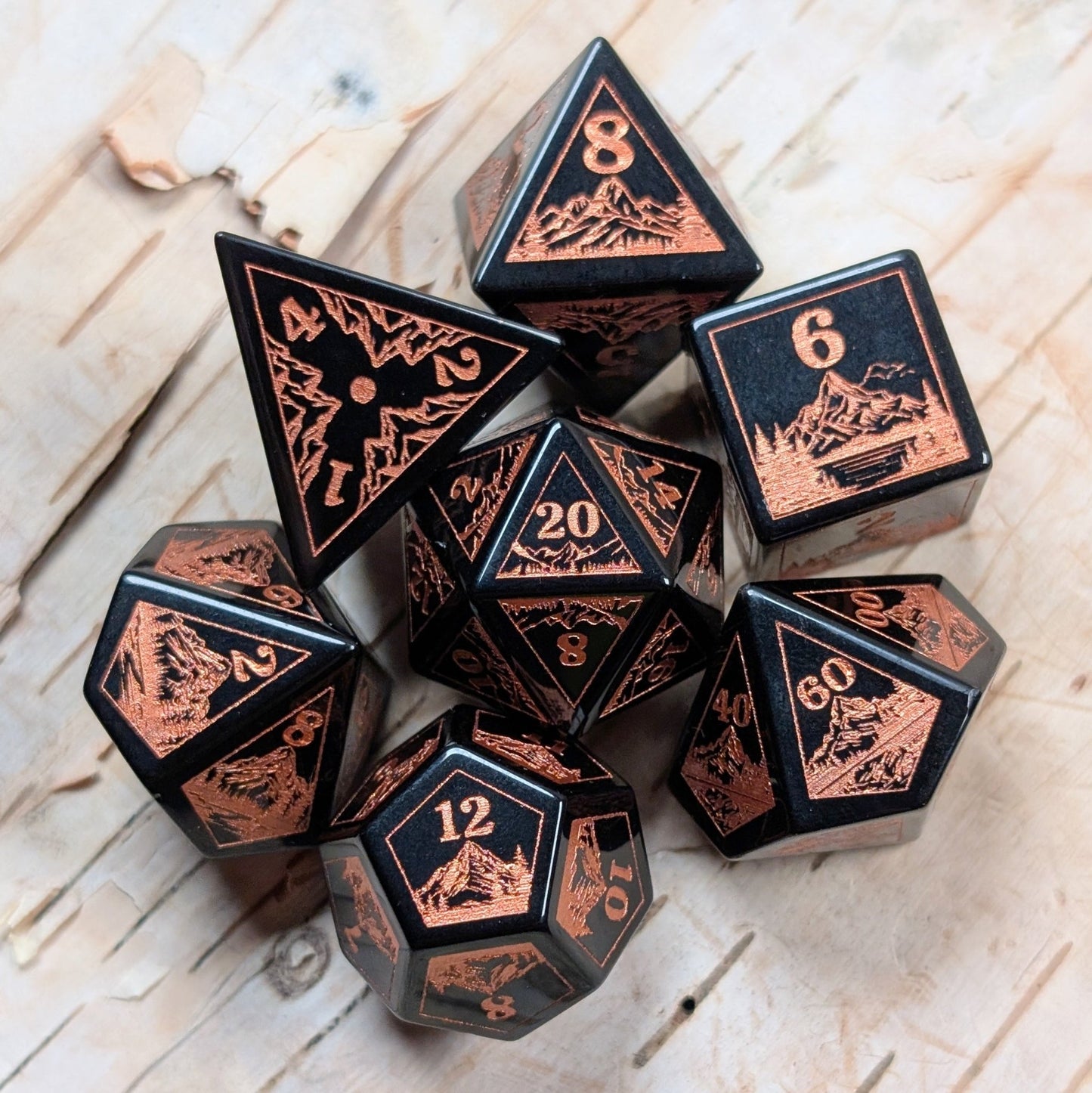 Everwild Obsidian Glass Dice – Forest & Mountain Etched 7 - Piece Set | Fennek & Finch - Fennek and Finch