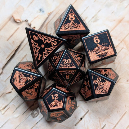 Everwild Obsidian Glass Dice – Forest & Mountain Etched 7 - Piece Set | Fennek & Finch - Fennek and Finch