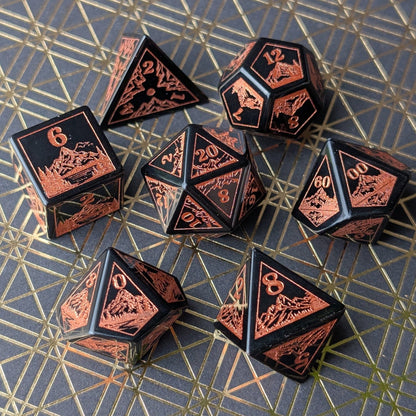 Everwild Obsidian Glass Dice – Forest & Mountain Etched 7 - Piece Set | Fennek & Finch - Fennek and Finch