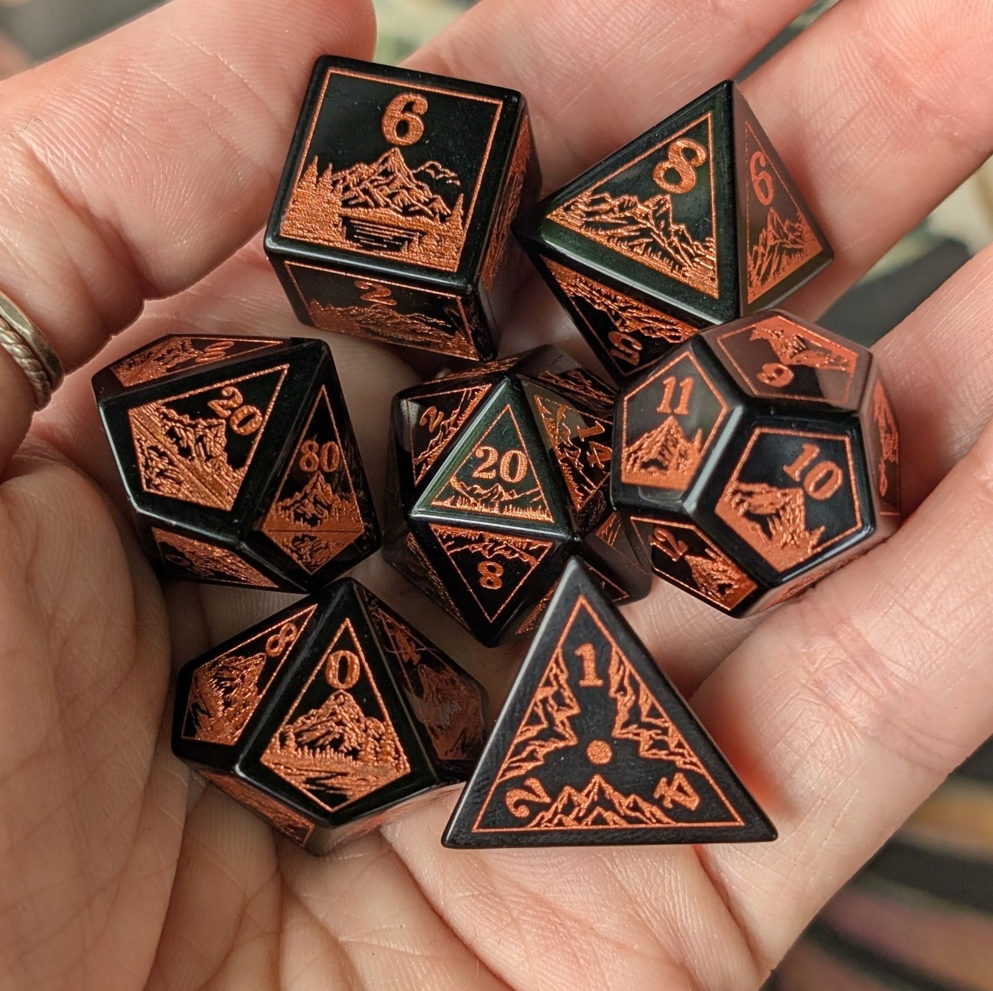 Everwild Obsidian Glass Dice – Forest & Mountain Etched 7 - Piece Set | Fennek & Finch - Fennek and Finch