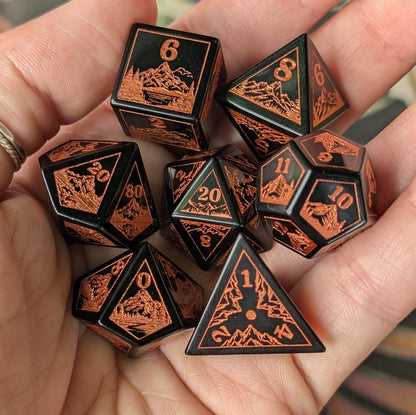 Everwild Obsidian Glass Dice – Forest & Mountain Etched 7 - Piece Set | Fennek & Finch - Fennek and Finch