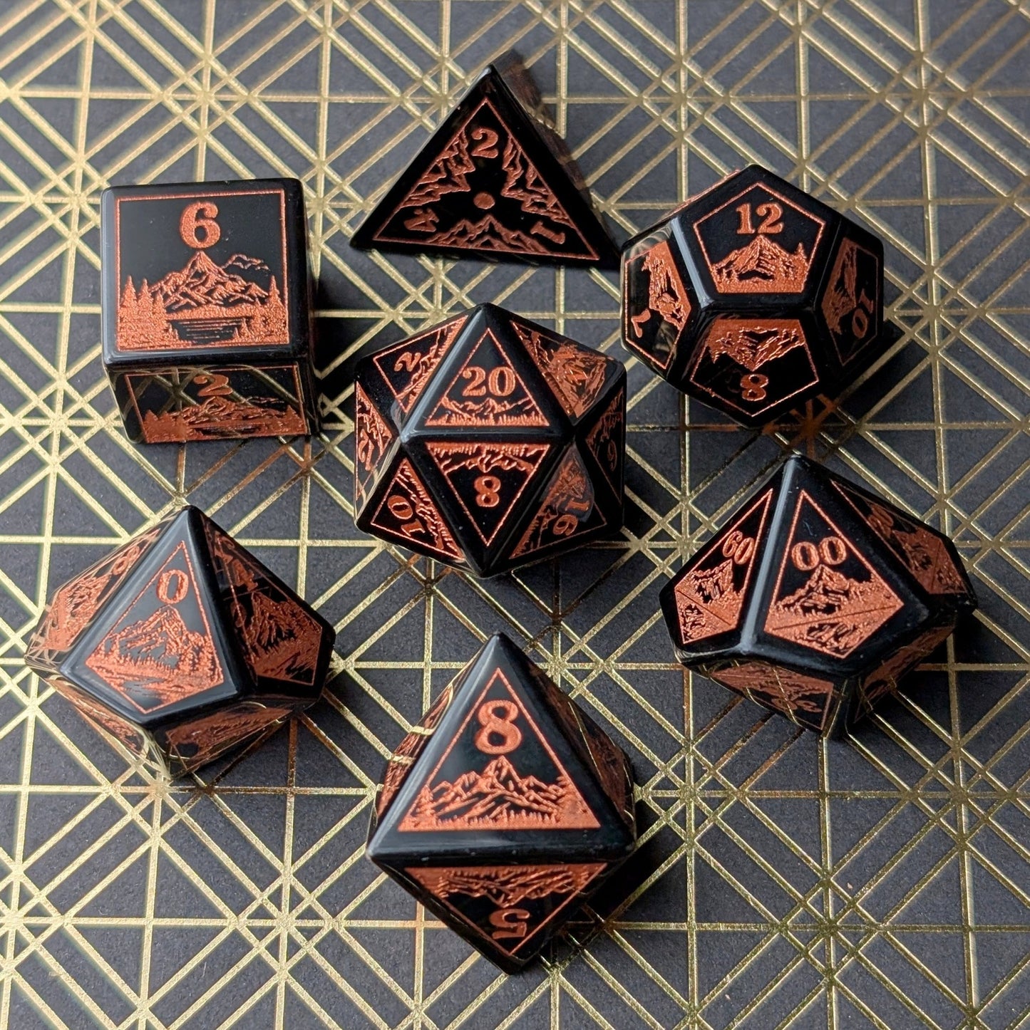Everwild Obsidian Glass Dice – Forest & Mountain Etched 7 - Piece Set | Fennek & Finch - Fennek and Finch