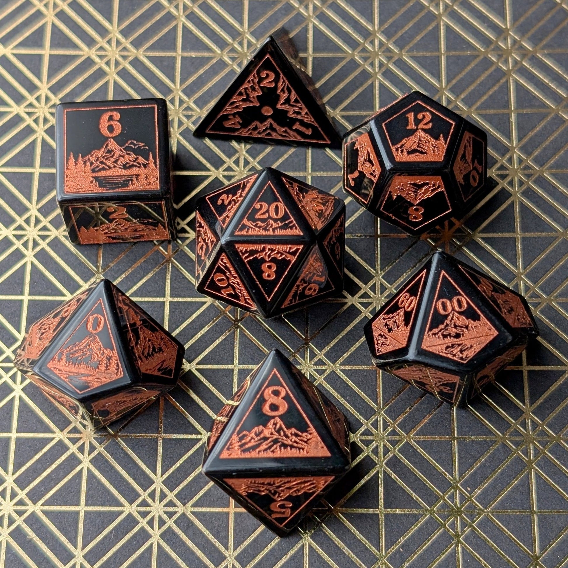 Everwild Obsidian Glass Dice – Forest & Mountain Etched 7 - Piece Set | Fennek & Finch - Fennek and Finch