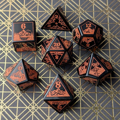 Everwild Obsidian Glass Dice – Forest & Mountain Etched 7 - Piece Set | Fennek & Finch - Fennek and Finch