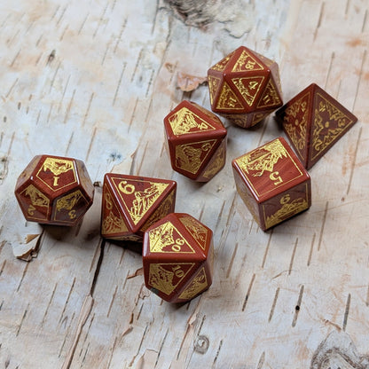 Everwild Red Jasper Gemstone Dice – Forest & Mountain Etched 7 - Piece Set | Fennek & Finch - Fennek and Finch
