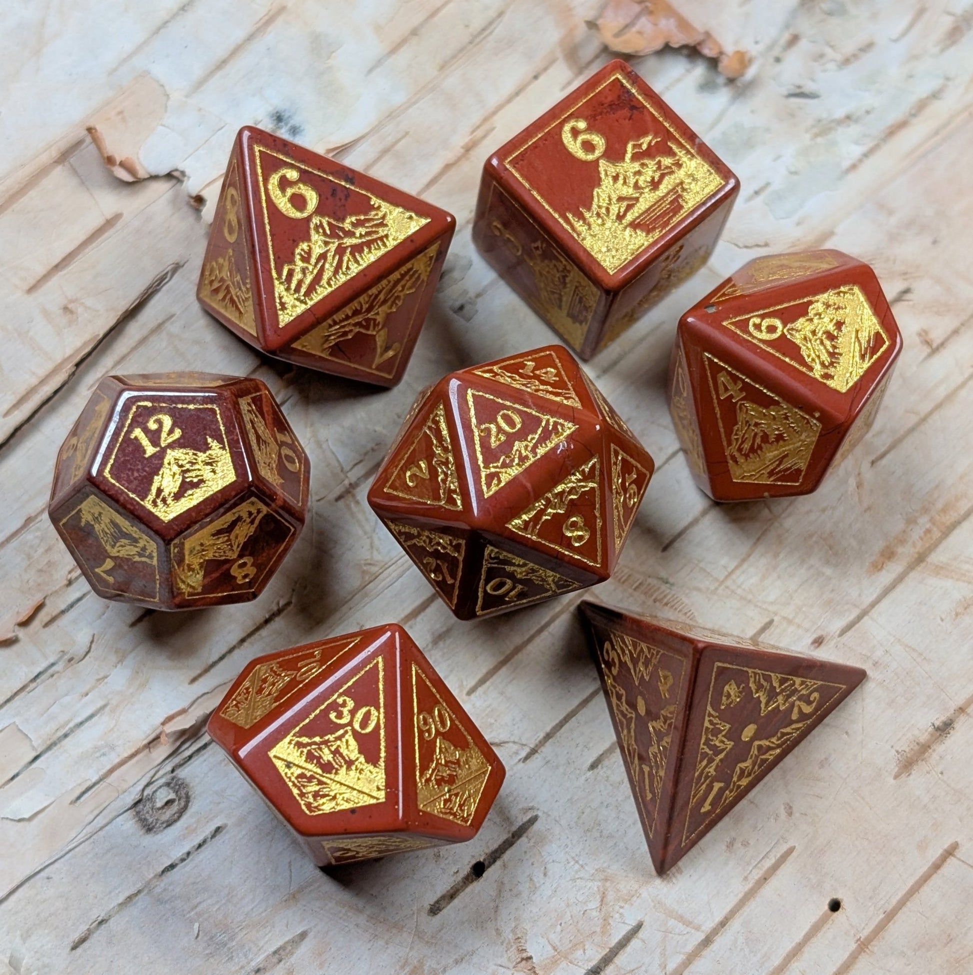 Everwild Red Jasper Gemstone Dice – Forest & Mountain Etched 7 - Piece Set | Fennek & Finch - Fennek and Finch