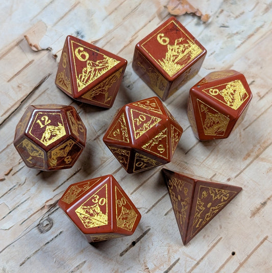 Everwild Red Jasper Gemstone Dice – Forest & Mountain Etched 7 - Piece Set | Fennek & Finch - Fennek and Finch