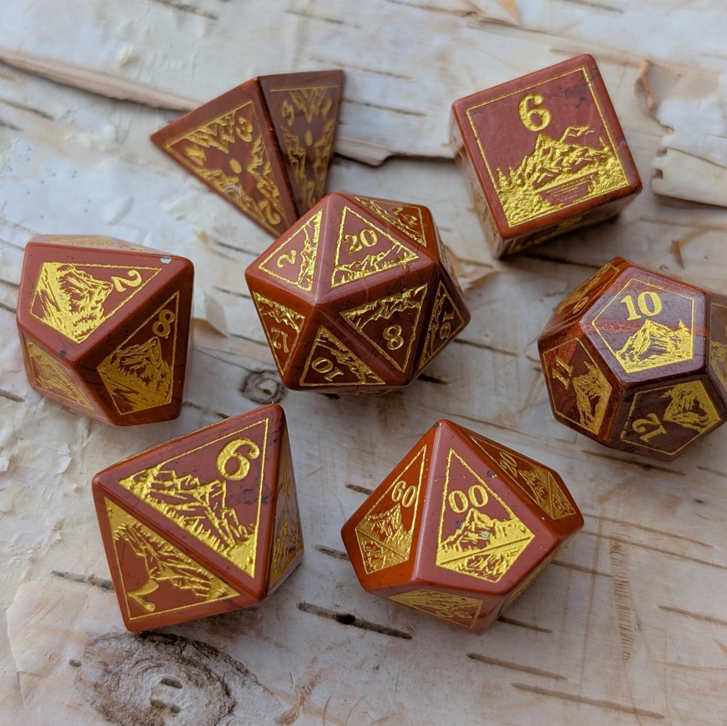 Everwild Red Jasper Gemstone Dice – Forest & Mountain Etched 7 - Piece Set | Fennek & Finch - Fennek and Finch