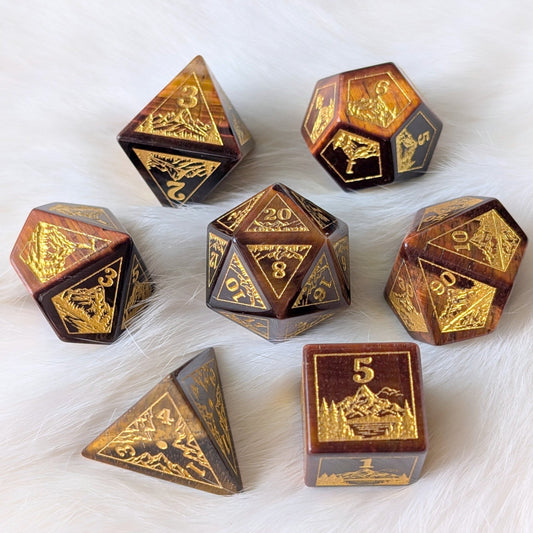 Everwild Red Tiger Eye Gemstone Dice – Forest & Mountain Etched 7 - Piece Set | Fennek & Finch - Fennek and Finch