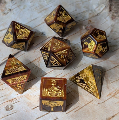 Everwild Red Tiger Eye Gemstone Dice – Forest & Mountain Etched 7 - Piece Set | Fennek & Finch - Fennek and Finch