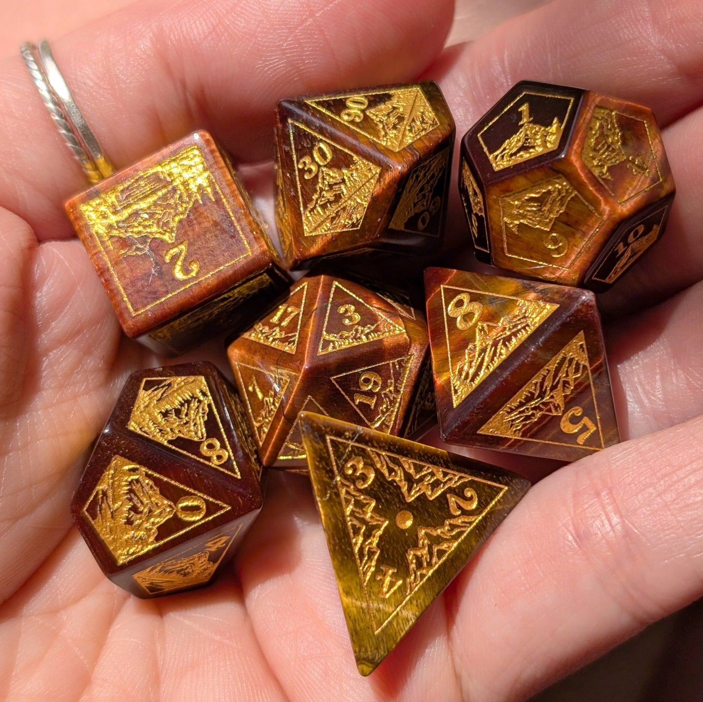 Everwild Red Tiger Eye Gemstone Dice – Forest & Mountain Etched 7 - Piece Set | Fennek & Finch - Fennek and Finch
