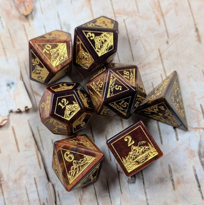 Everwild Red Tiger Eye Gemstone Dice – Forest & Mountain Etched 7 - Piece Set | Fennek & Finch - Fennek and Finch