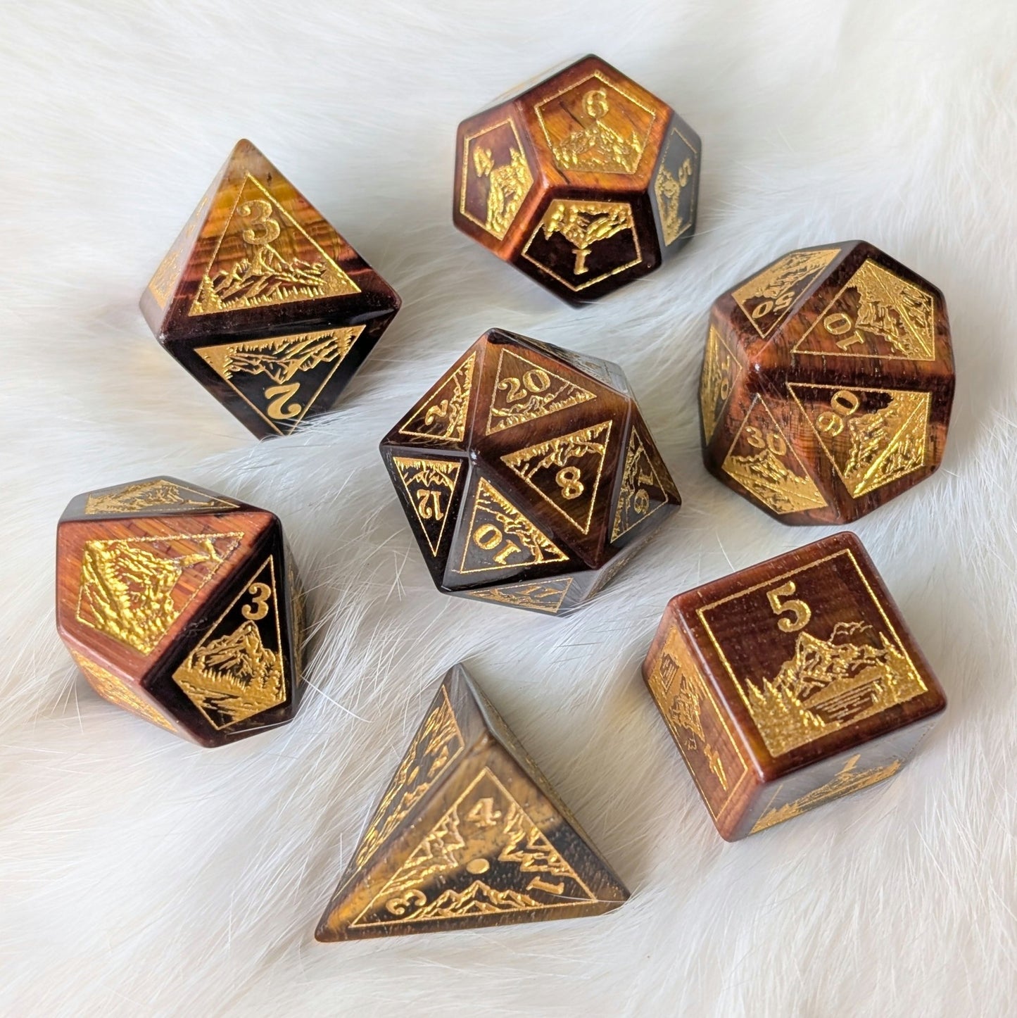 Everwild Red Tiger Eye Gemstone Dice – Forest & Mountain Etched 7 - Piece Set | Fennek & Finch - Fennek and Finch