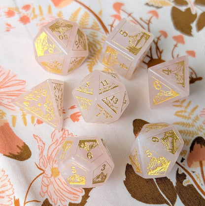 Everwild Rose Quartz Gemstone Dice – Forest & Mountain Etched 7 - Piece Set | Fennek & Finch - Fennek and Finch