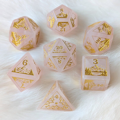 Everwild Rose Quartz Gemstone Dice – Forest & Mountain Etched 7 - Piece Set | Fennek & Finch - Fennek and Finch