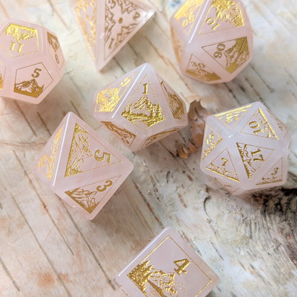 Everwild Rose Quartz Gemstone Dice – Forest & Mountain Etched 7 - Piece Set | Fennek & Finch - Fennek and Finch