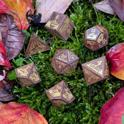 Everwild Rosewood Dice Set – Mountains & Forest Engravings with Gold Paint Fill (7-Piece) Dice Sets & Games Fennek and Finch