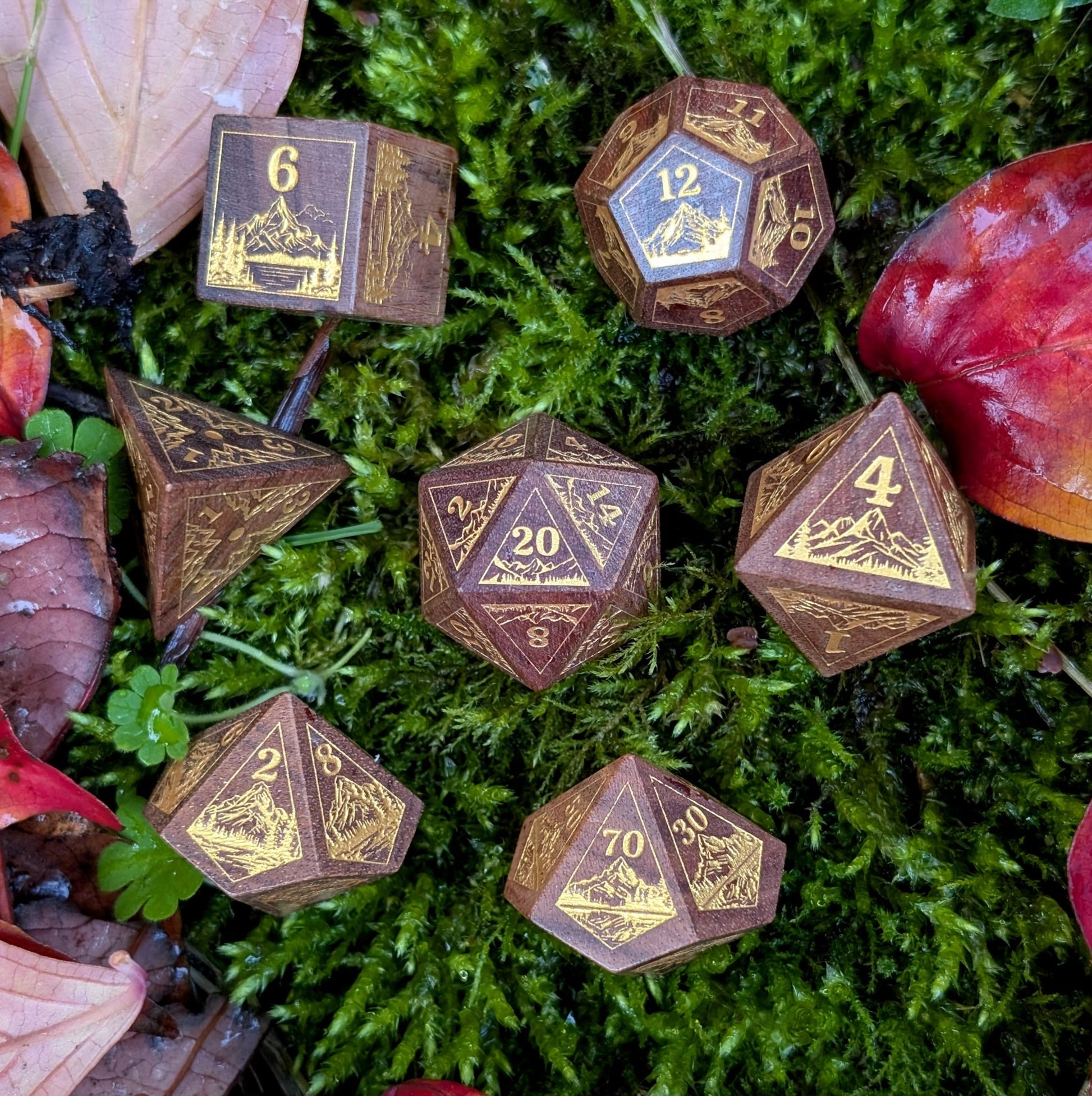 Everwild Rosewood Dice Set – Mountains & Forest Engravings with Gold Paint Fill (7-Piece) Dice Sets & Games Fennek and Finch