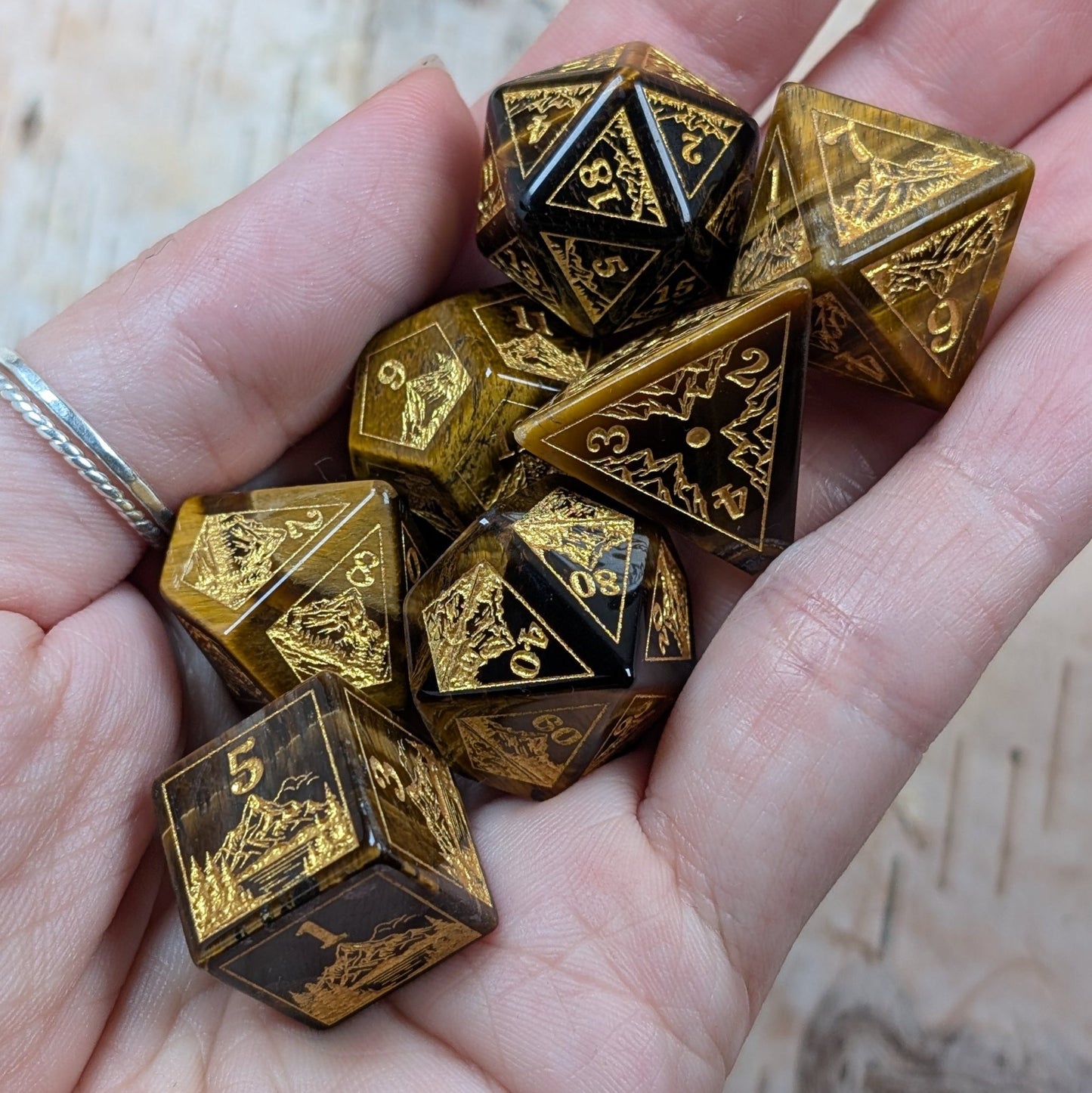Everwild Tiger Eye Gemstone Dice – Forest & Mountain Etched 7 - Piece Set | Fennek & Finch - Fennek and Finch