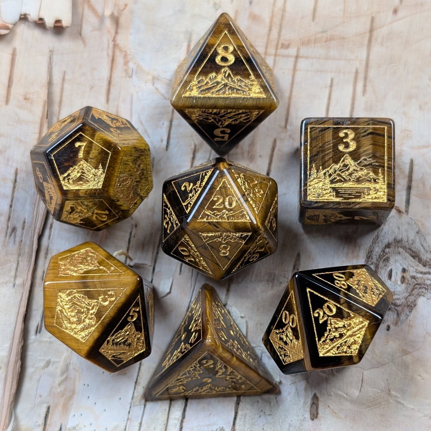 Everwild Tiger Eye Gemstone Dice – Forest & Mountain Etched 7 - Piece Set | Fennek & Finch - Fennek and Finch